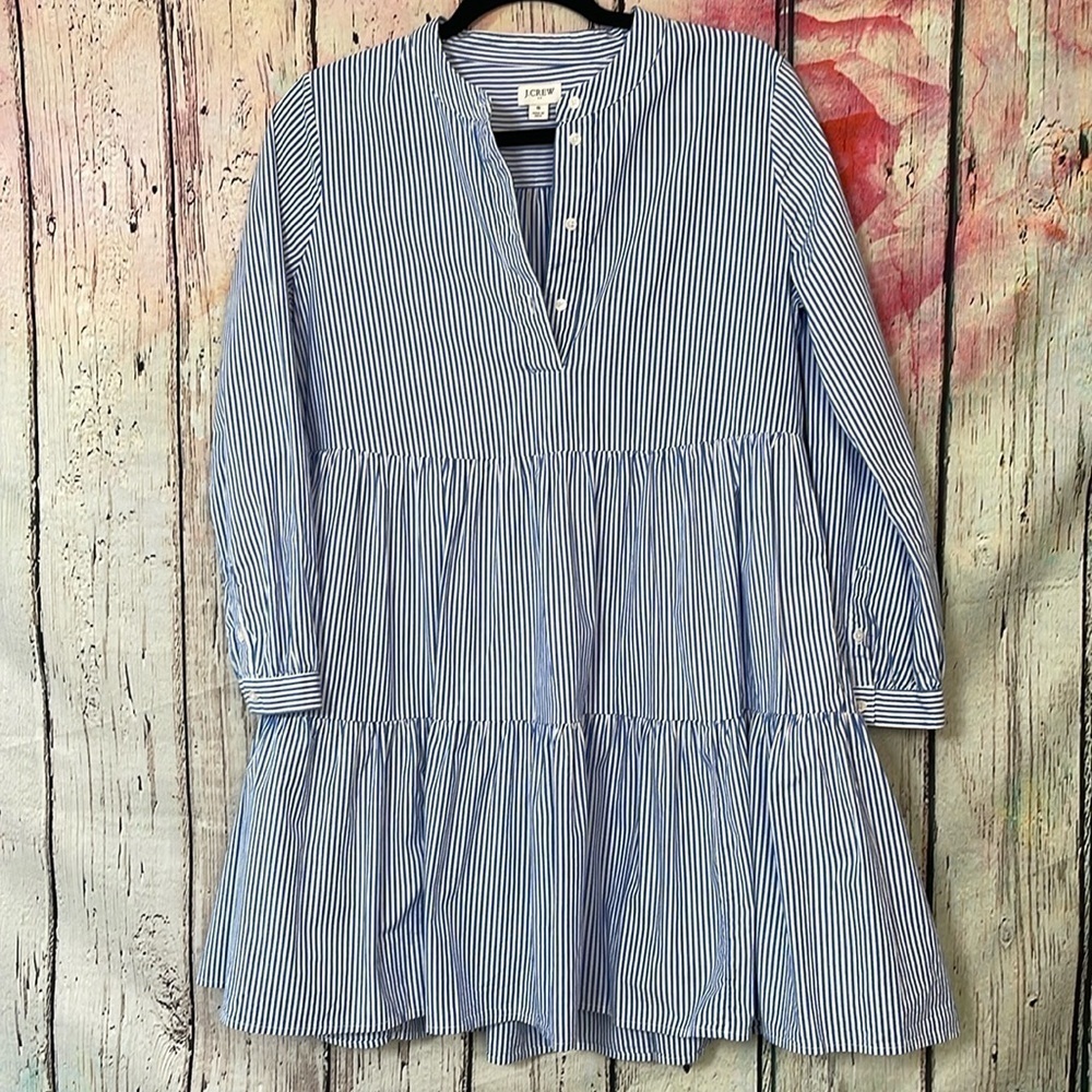 J.Crew Tiered 98% Cotton Pinstriped Mini Dress with Pockets